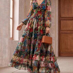 Multicolor Elegant Women's Floral Long Sleeve Frill Trim Maxi Dress